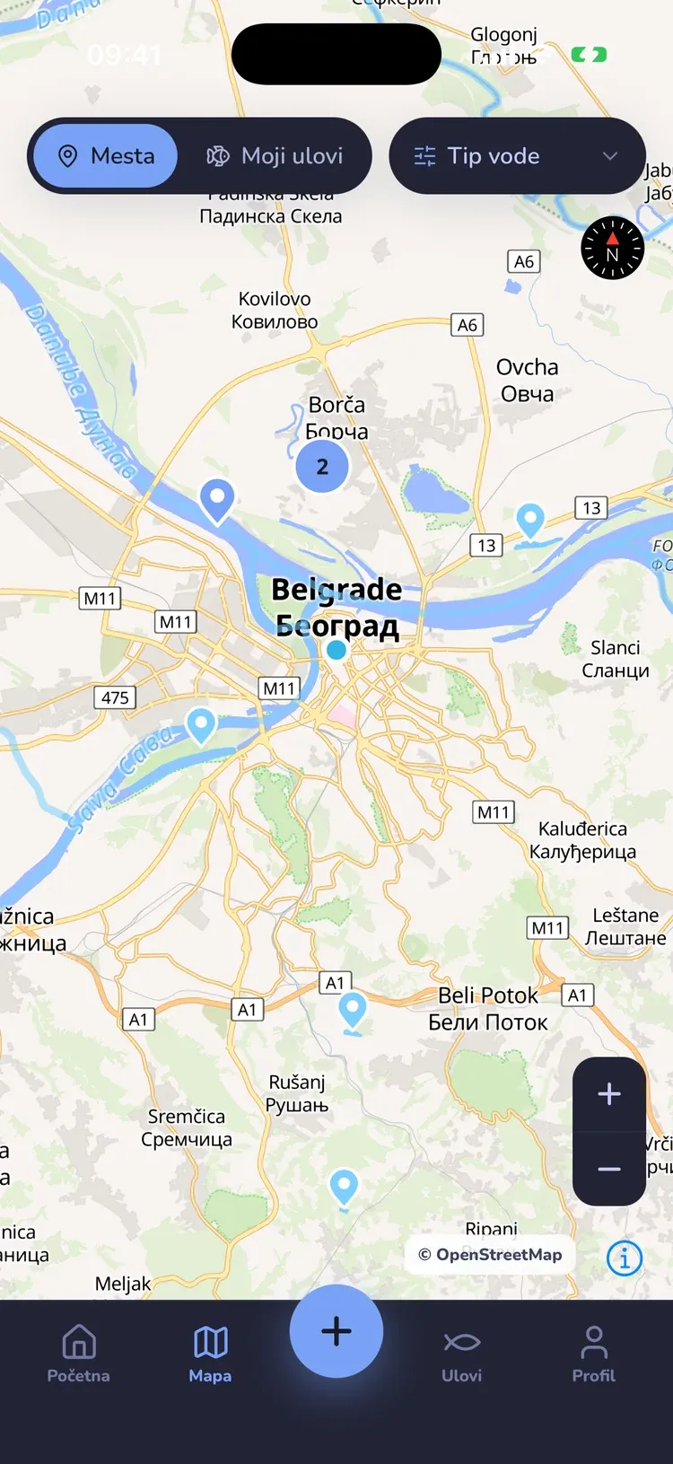 Ekran aplikacije: Mapa — tamna tema